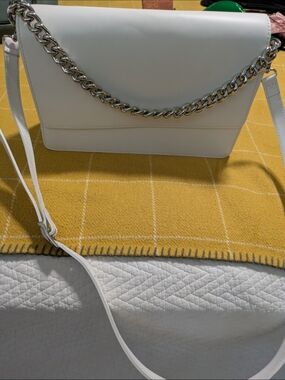 Elegant White ITALIAN Leather Crossbody with Silver Chain Accent